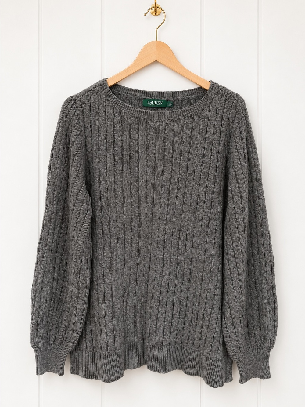 Lauren Ralph Lauren Gray Cable Knit Scoop Neck Sweater